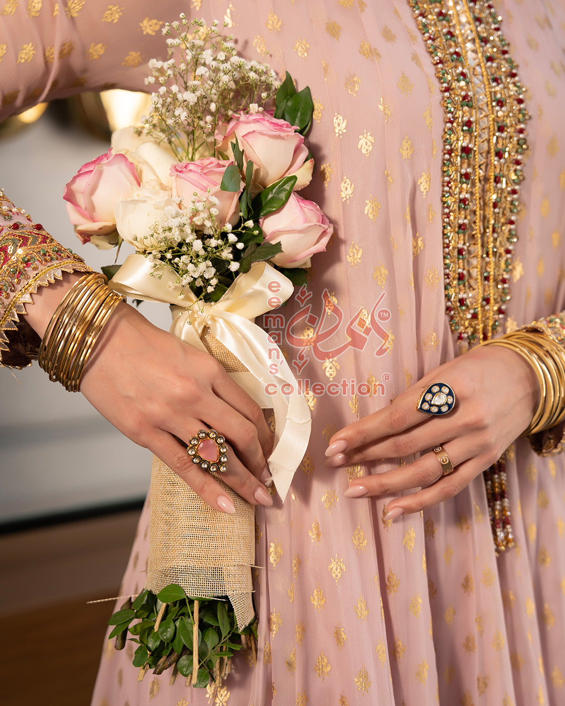 Soft Pink Embroidered Formal Suit | Gold Pakistani 3 Piece