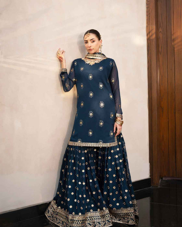 Navy Blue Embroidered Gold Work & Dupatta