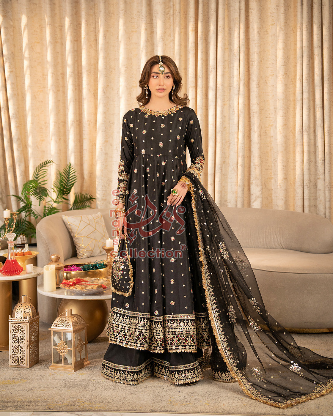 Black Heritage Embroidered Luxury Suit | Gold Work Dupatta