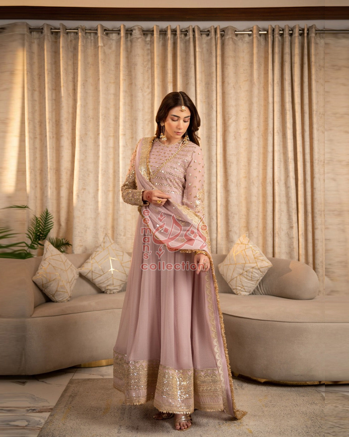 Dusty Pink Pakistani Formal Wear | Gold Embroidered Suit