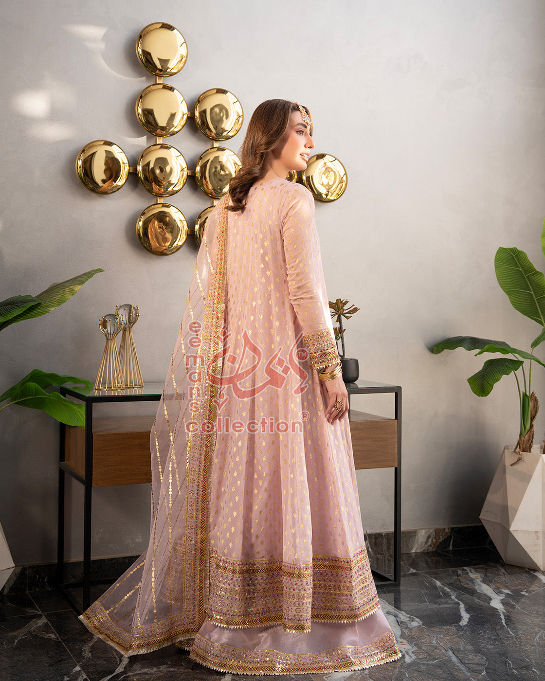Soft Pink Embroidered Formal Suit | Gold Pakistani 3 Piece