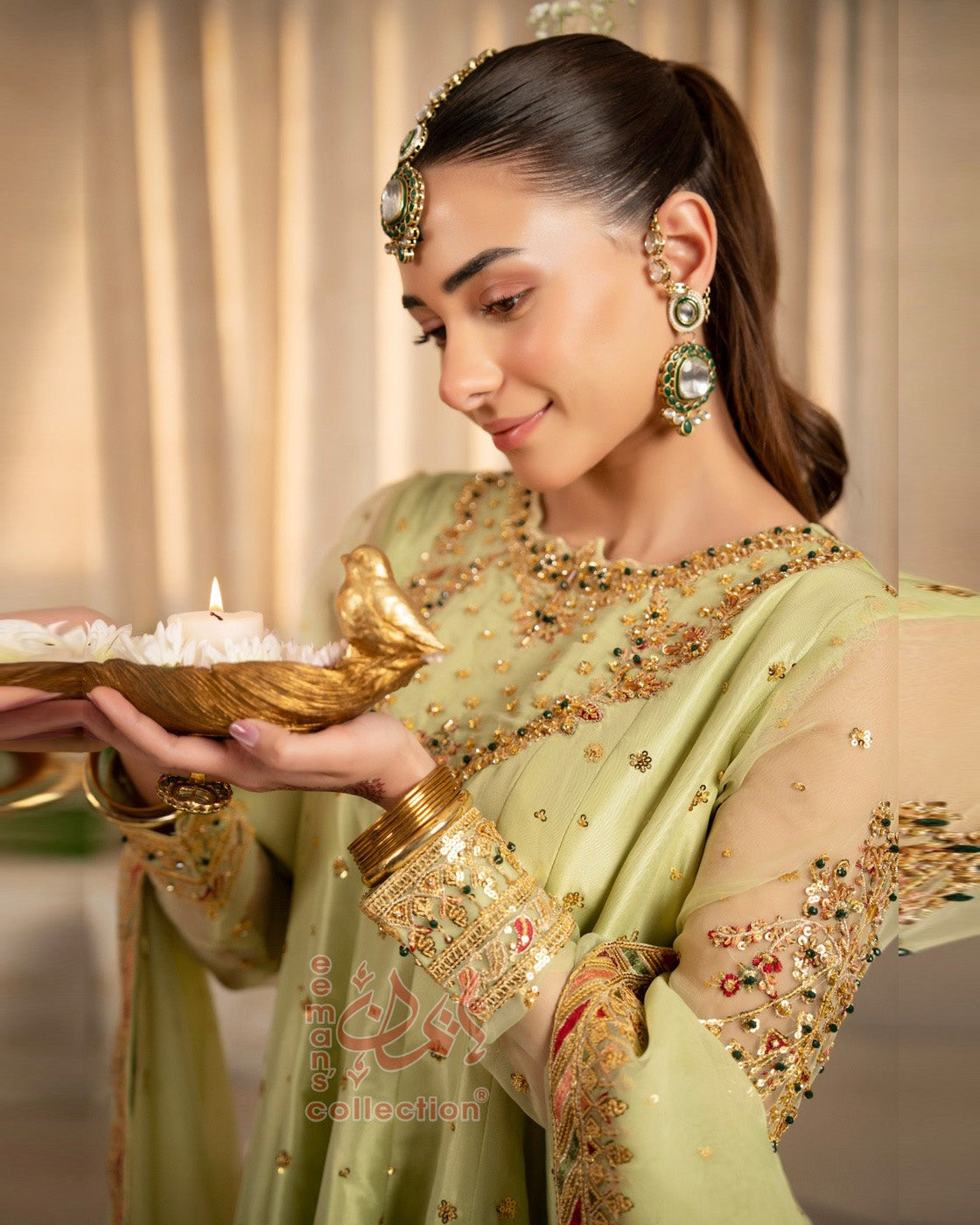 Light Green Luxury Embroidered Suit | Gold Festive Wear