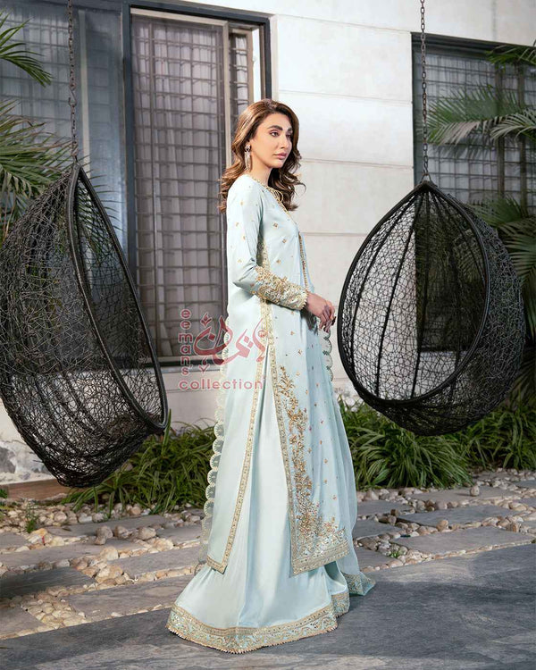 Ice Blue Gold Embroidered Pakistani Suit