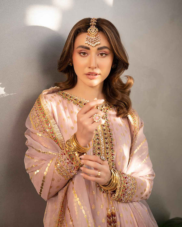 Luxury Soft Pink Embroidered Pakistani 3 Piece Suit with Gold Festive Detailing