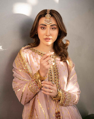 Luxury Soft Pink Embroidered Pakistani 3 Piece Suit with Gold Festive Detailing