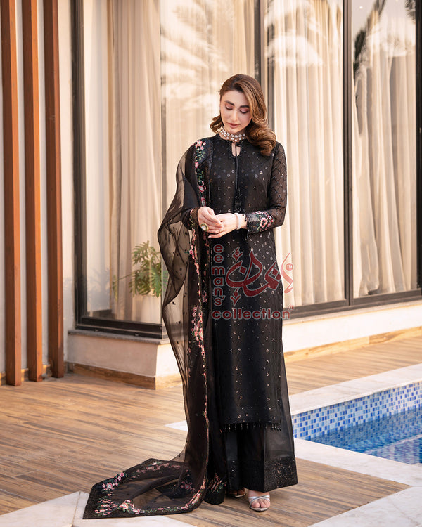 Black Floral Pink Embroidered Suit with Gold Detailing