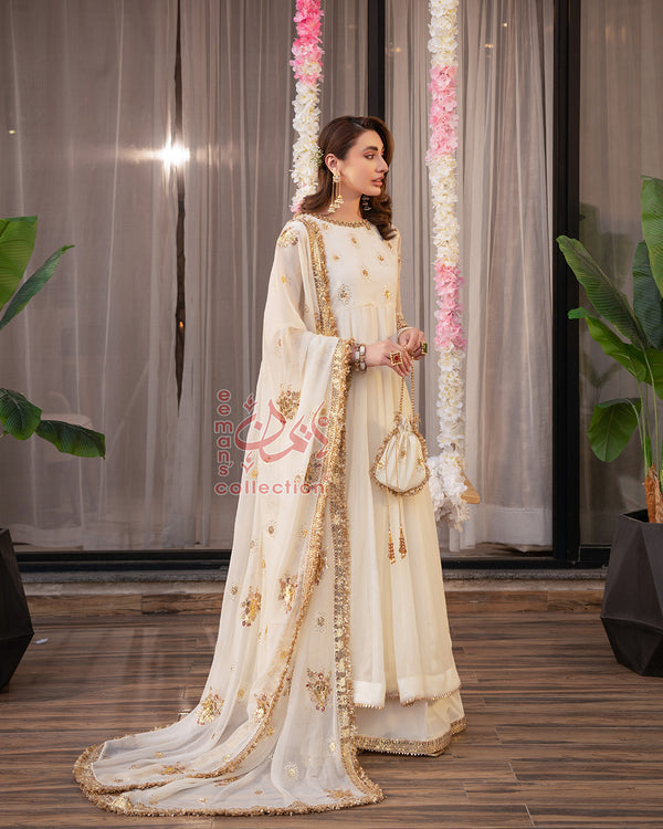 Off White Festive Embroidered Dress | Gold Luxury Suit