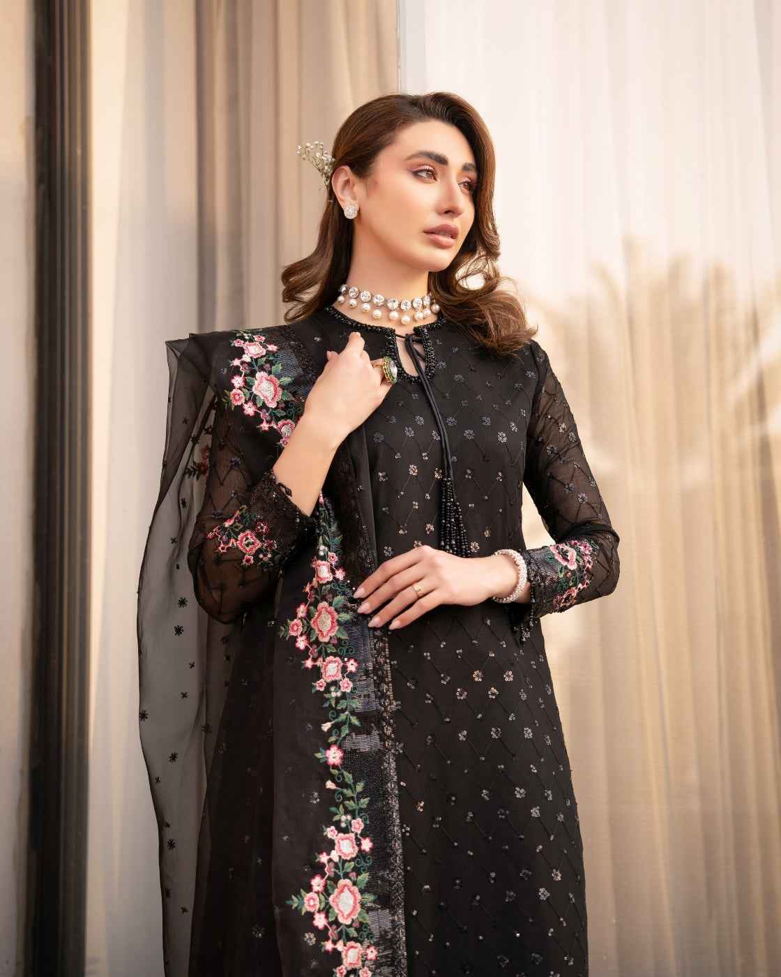 Black Floral Pink Blossom Detailing & Sheer Dupatta