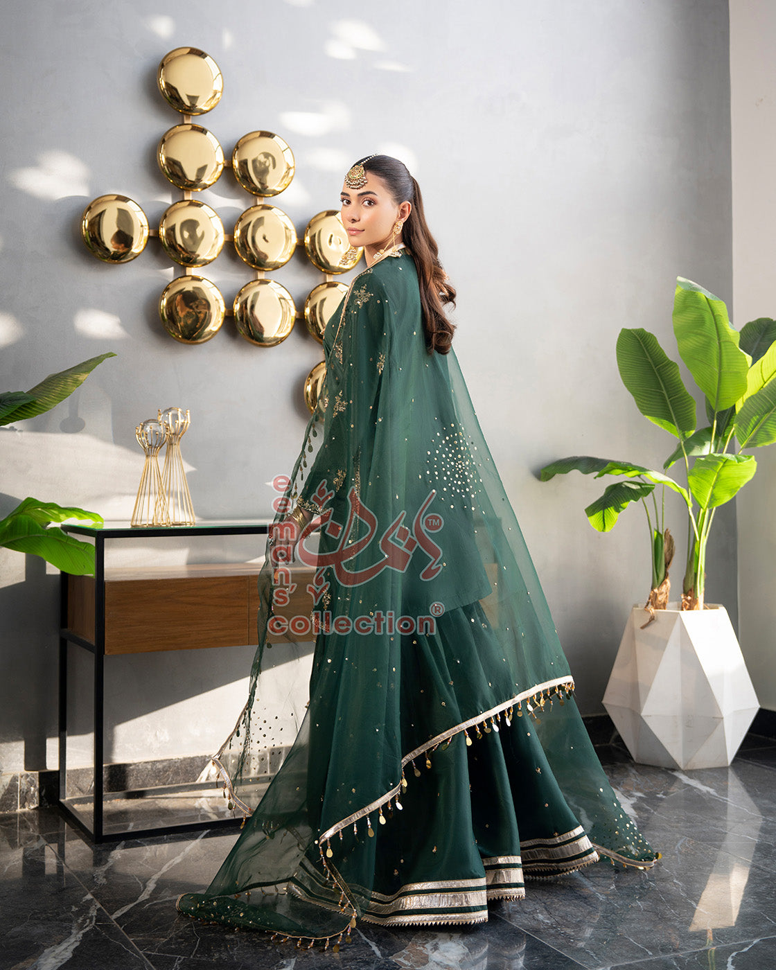 Emerald Green Pakistani Luxury Suit | Gold Embroidered Wear
