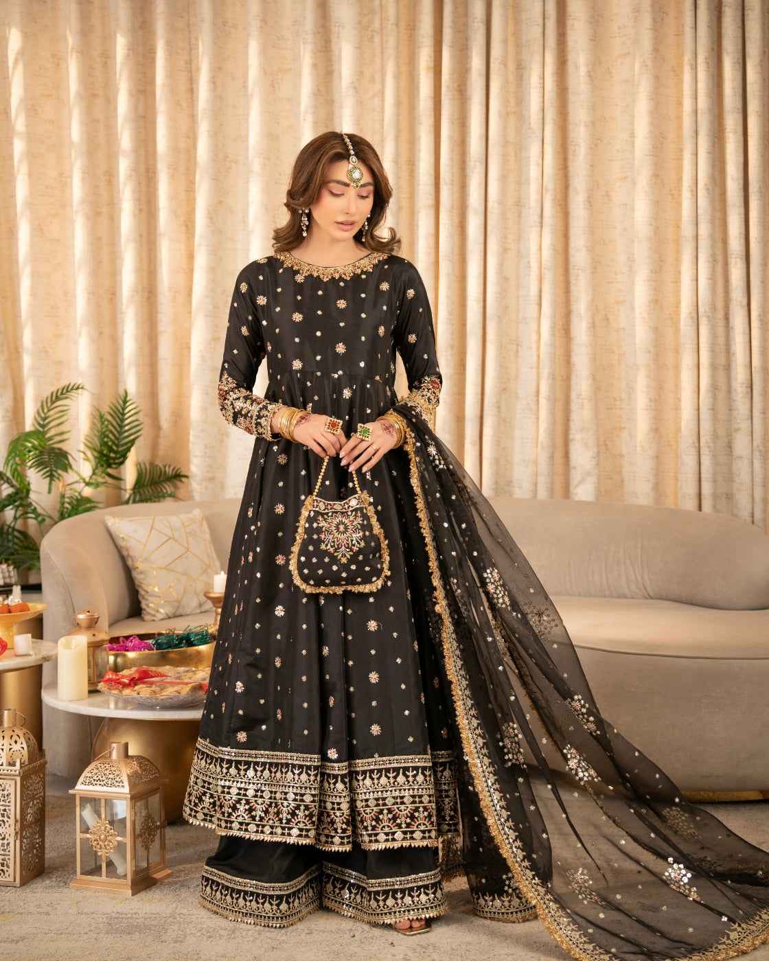 Luxury Black Suit with Gold Heritage Work & Net Dupatta