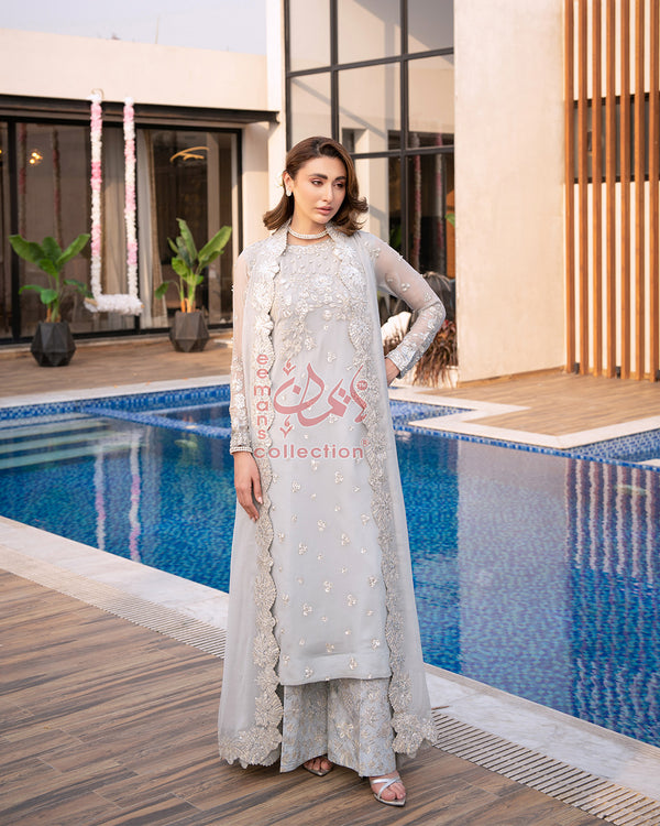Ice Grey Pakistani Designer Suit | Silver Festive Wear
