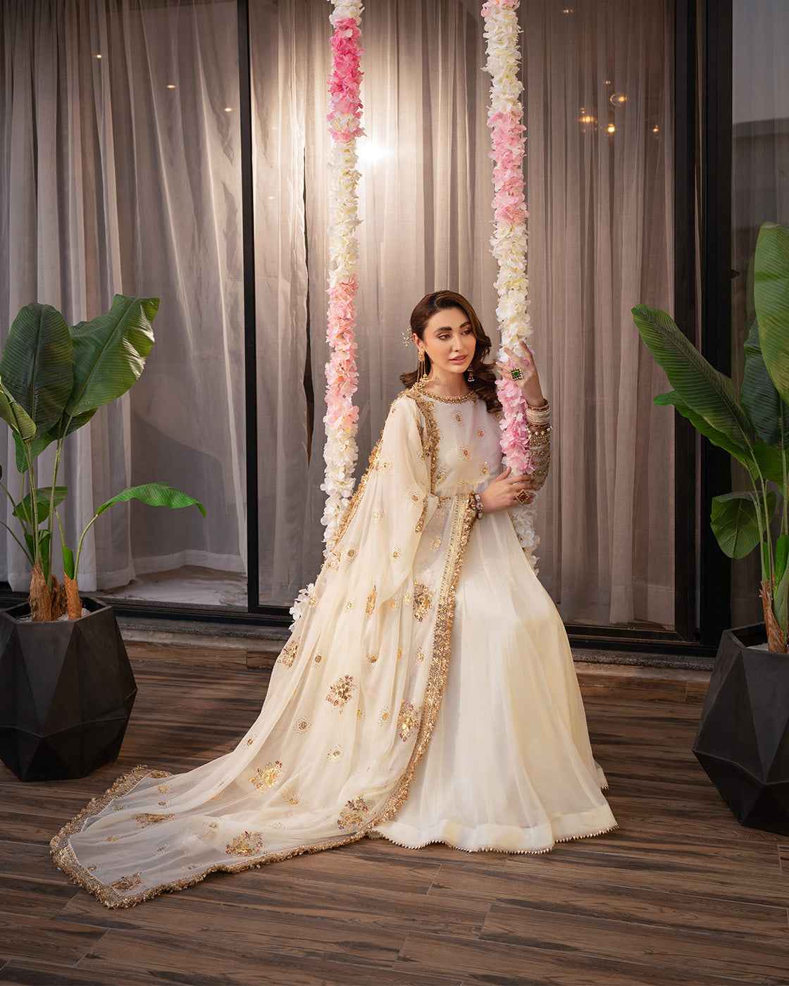 Elegant Off-White Embroidered Suit with Gold Festive