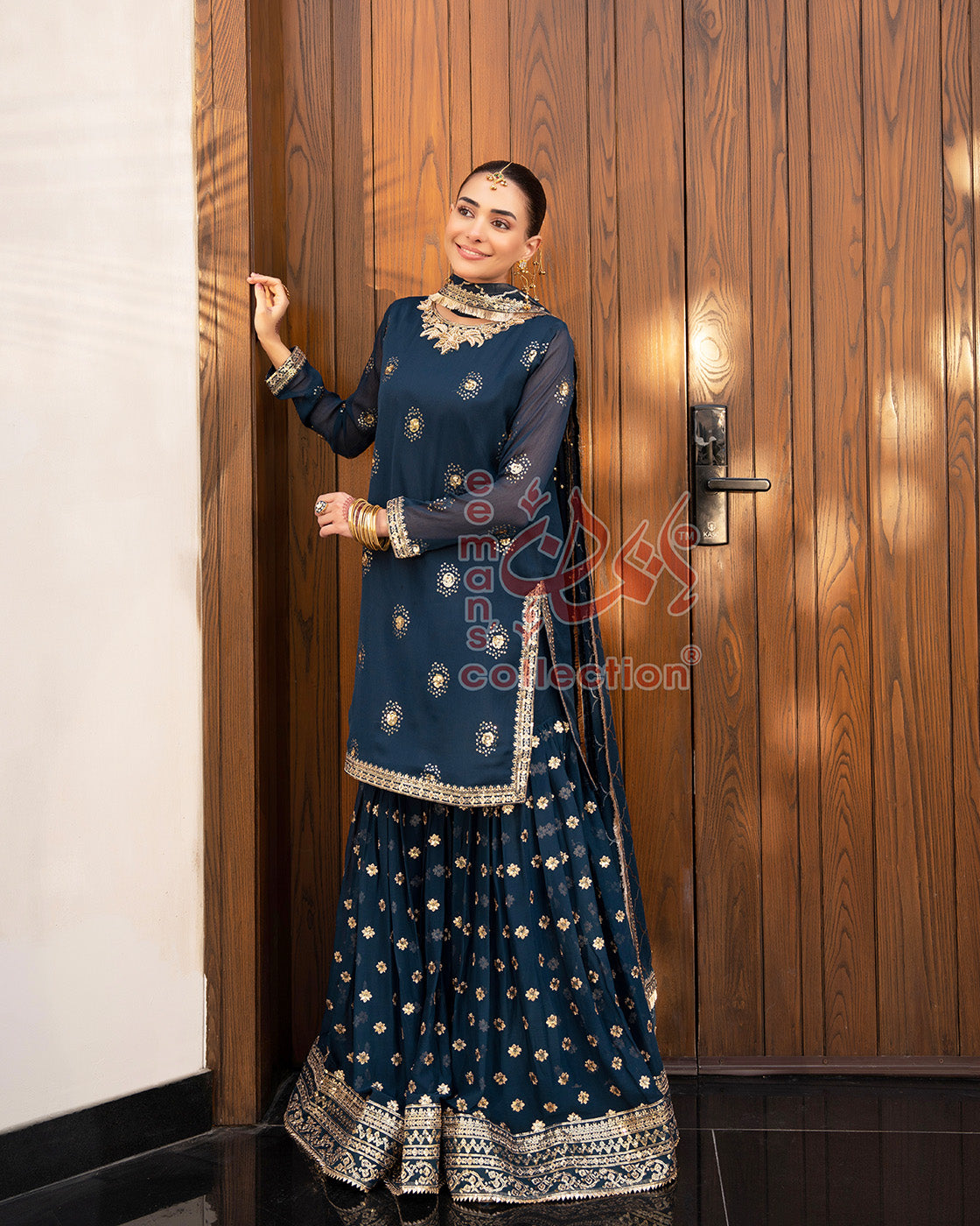 Navy Blue Pakistani Designer Suit | Gold Work & Dupatta