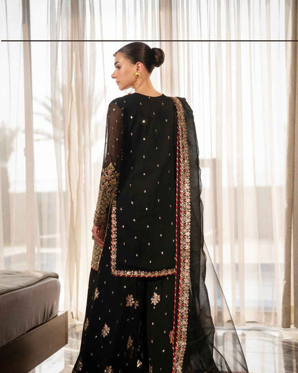 Elegant Black Embroidered Luxury Gold Festive Detailing