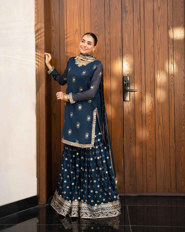 Navy Blue Embroidered Gold Work & Dupatta
