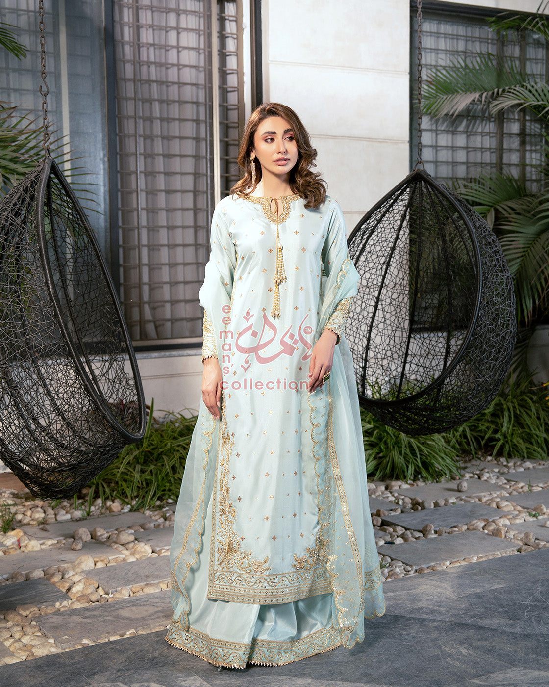 Ice Blue Gold Embroidered Pakistani Suit