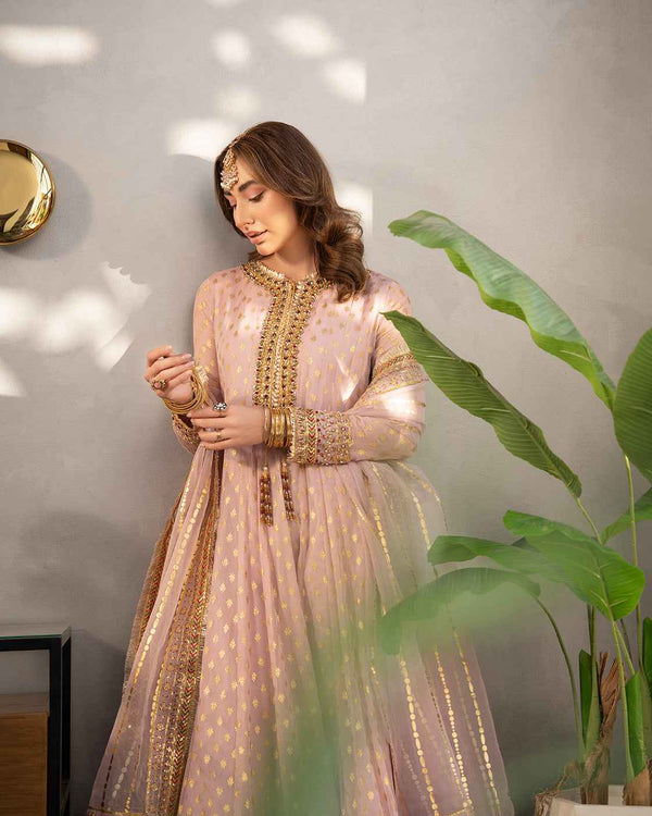 Luxury Soft Pink Embroidered Pakistani 3 Piece Suit with Gold Festive Detailing