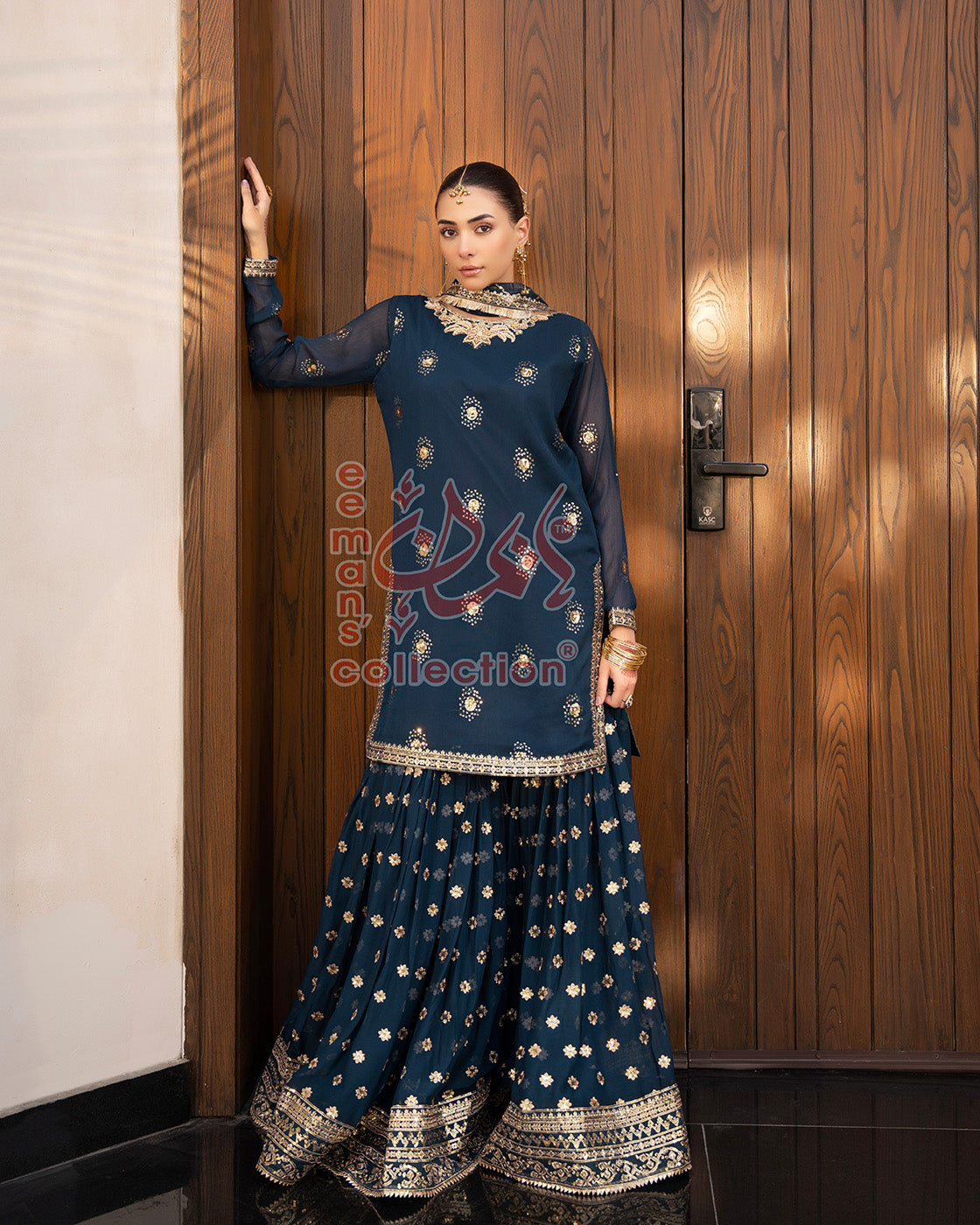 Navy Blue Pakistani Designer Suit | Gold Work & Dupatta