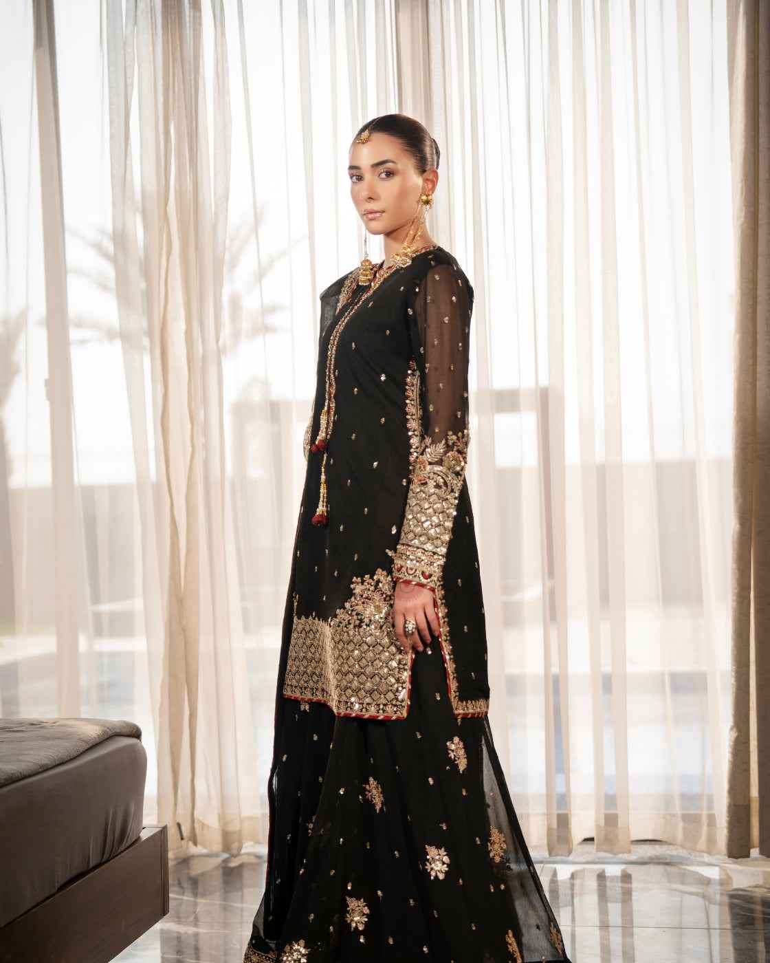Elegant Black Embroidered Luxury Gold Festive Detailing