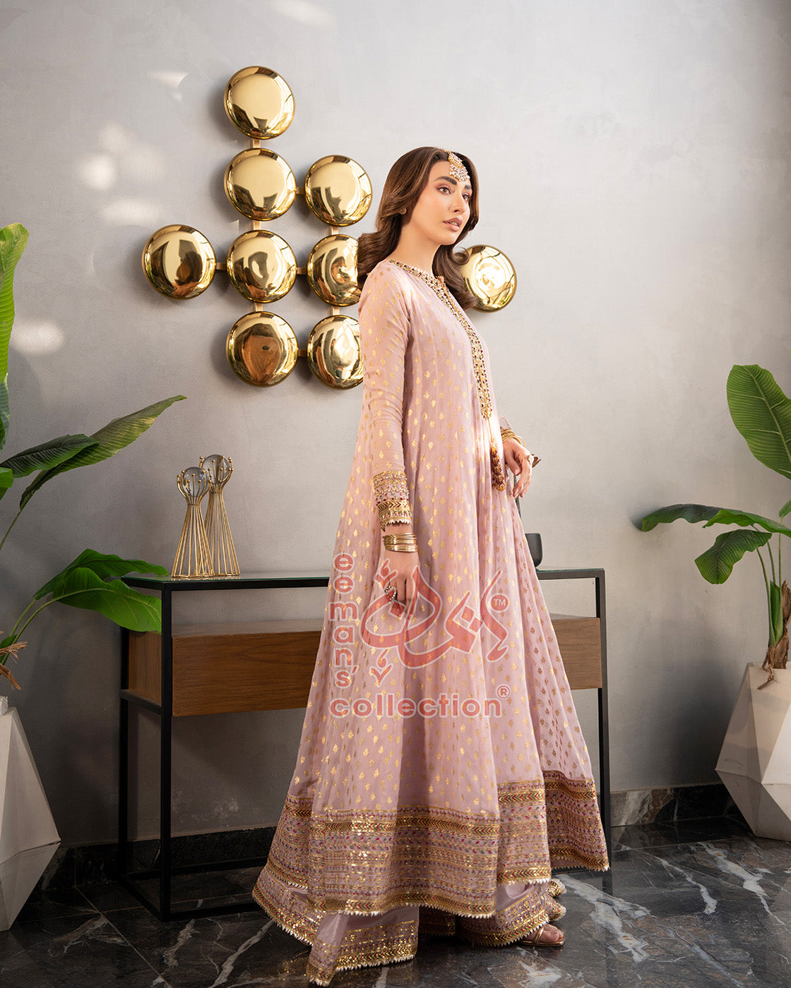 Soft Pink Embroidered Formal Suit | Gold Pakistani 3 Piece