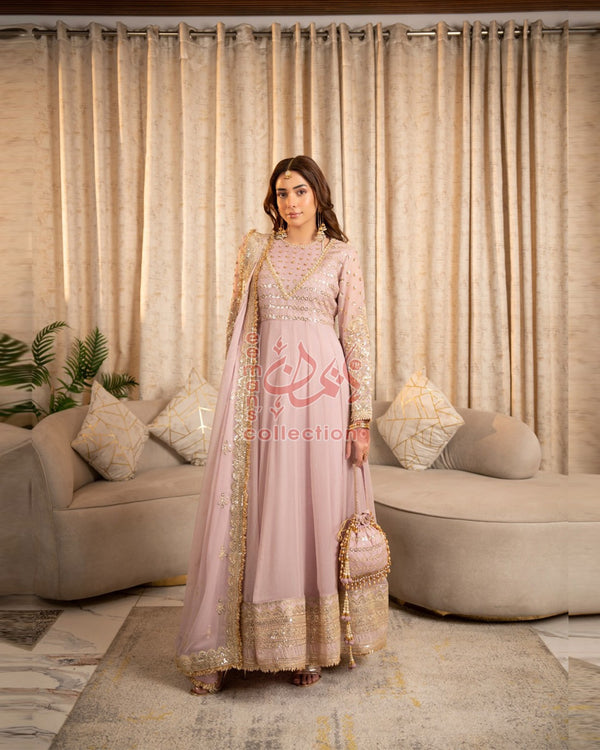 Dusty Pink Pakistani Formal Wear | Gold Embroidered Suit