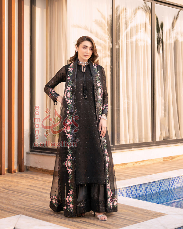 Black Floral Pink Embroidered Suit with Gold Detailing