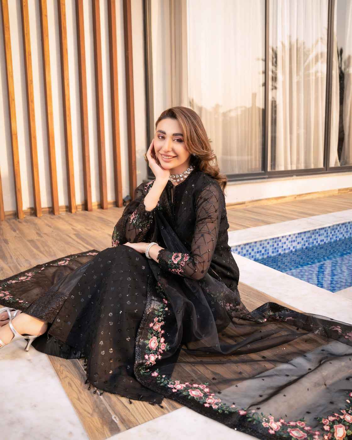 Black Floral Pink Blossom Detailing & Sheer Dupatta