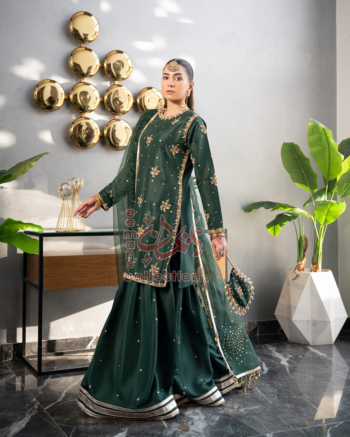Emerald Green Pakistani Luxury Suit | Gold Embroidered Wear
