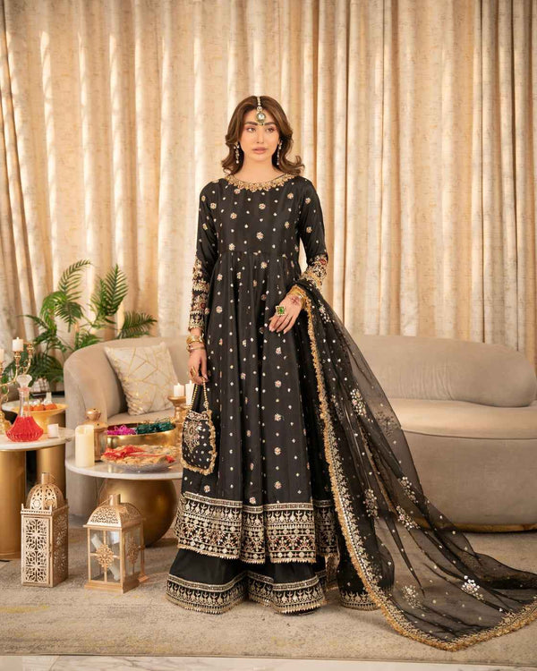 Luxury Black Suit with Gold Heritage Work & Net Dupatta