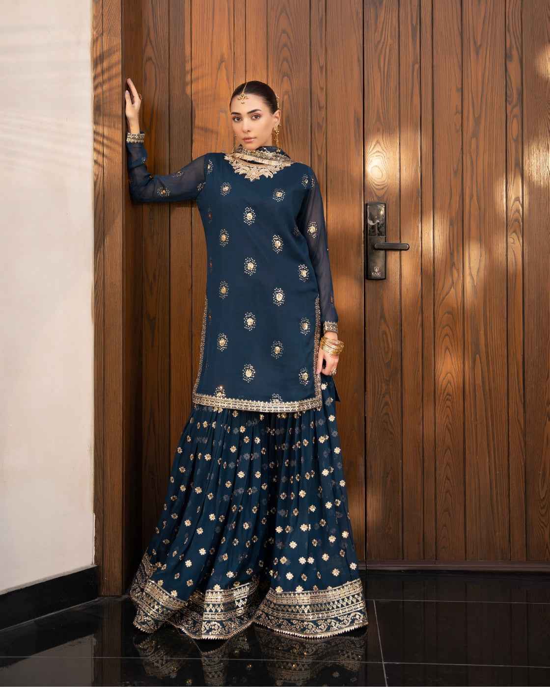 Navy Blue Embroidered Gold Work & Dupatta