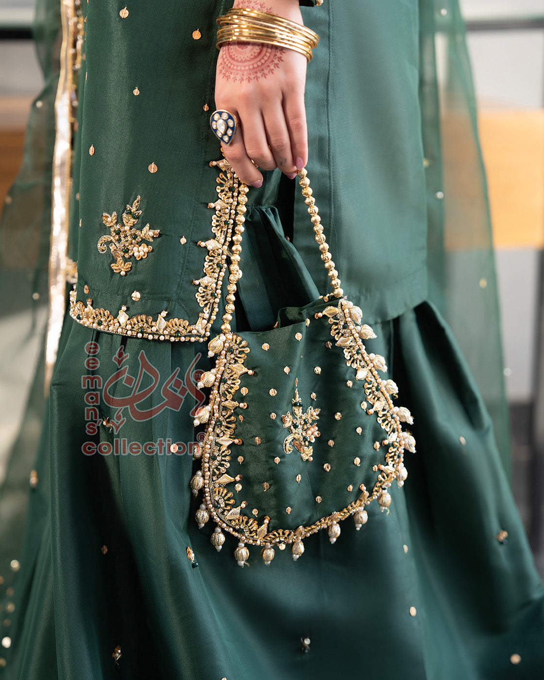 Emerald Green Pakistani Luxury Suit | Gold Embroidered Wear