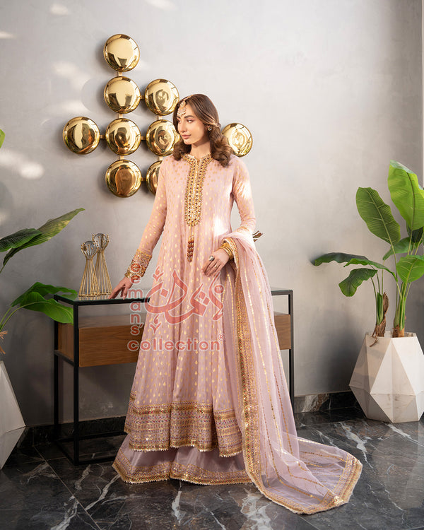 Soft Pink Embroidered Formal Suit | Gold Pakistani 3 Piece