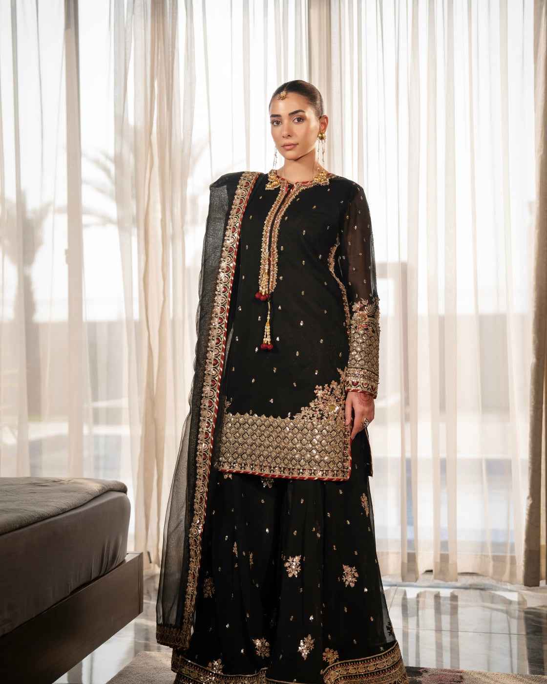 Elegant Black Embroidered Luxury Gold Festive Detailing