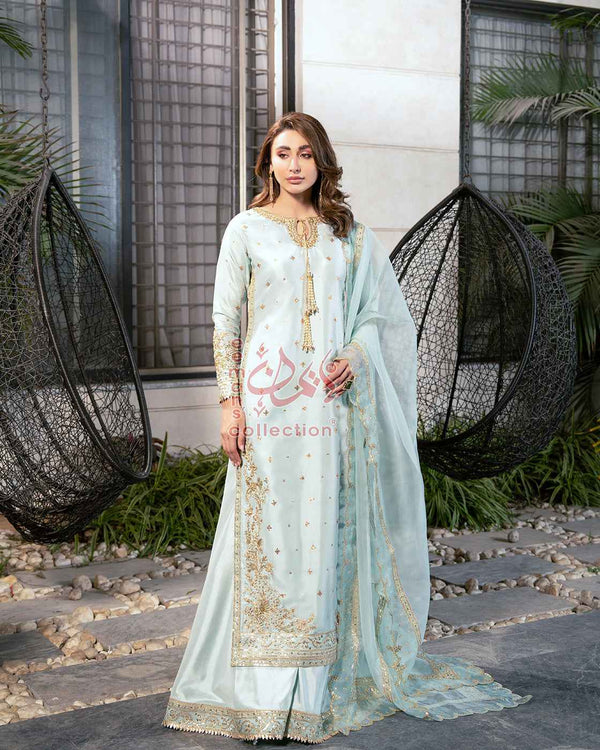 Ice Blue Gold Embroidered Pakistani Suit