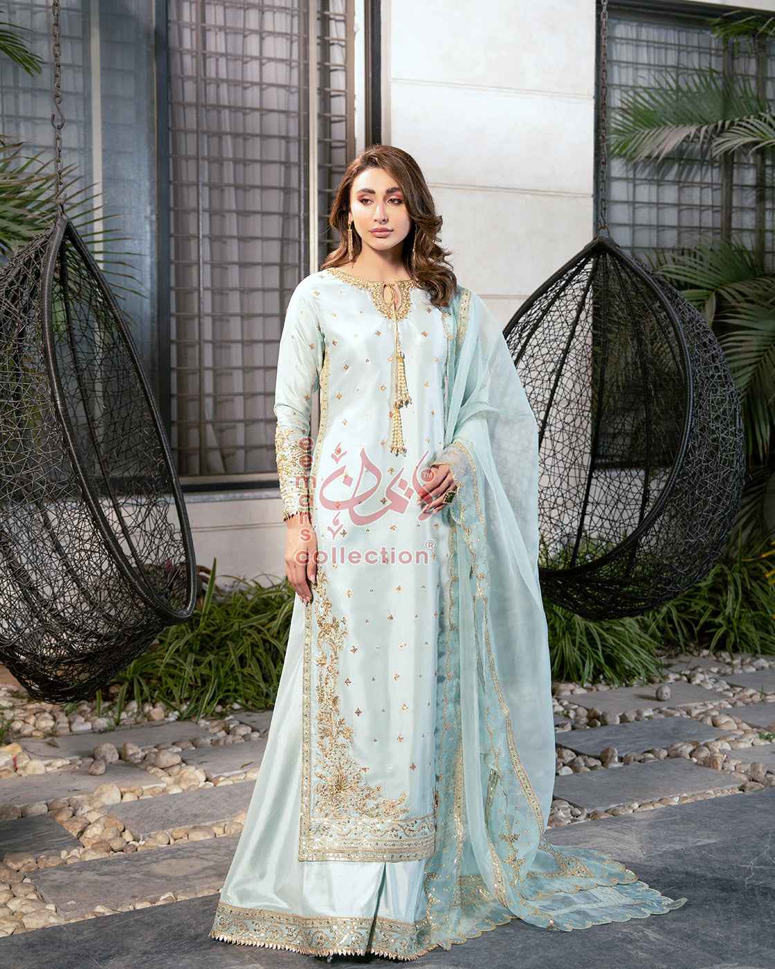 Ice Blue Gold Embroidered Pakistani Suit