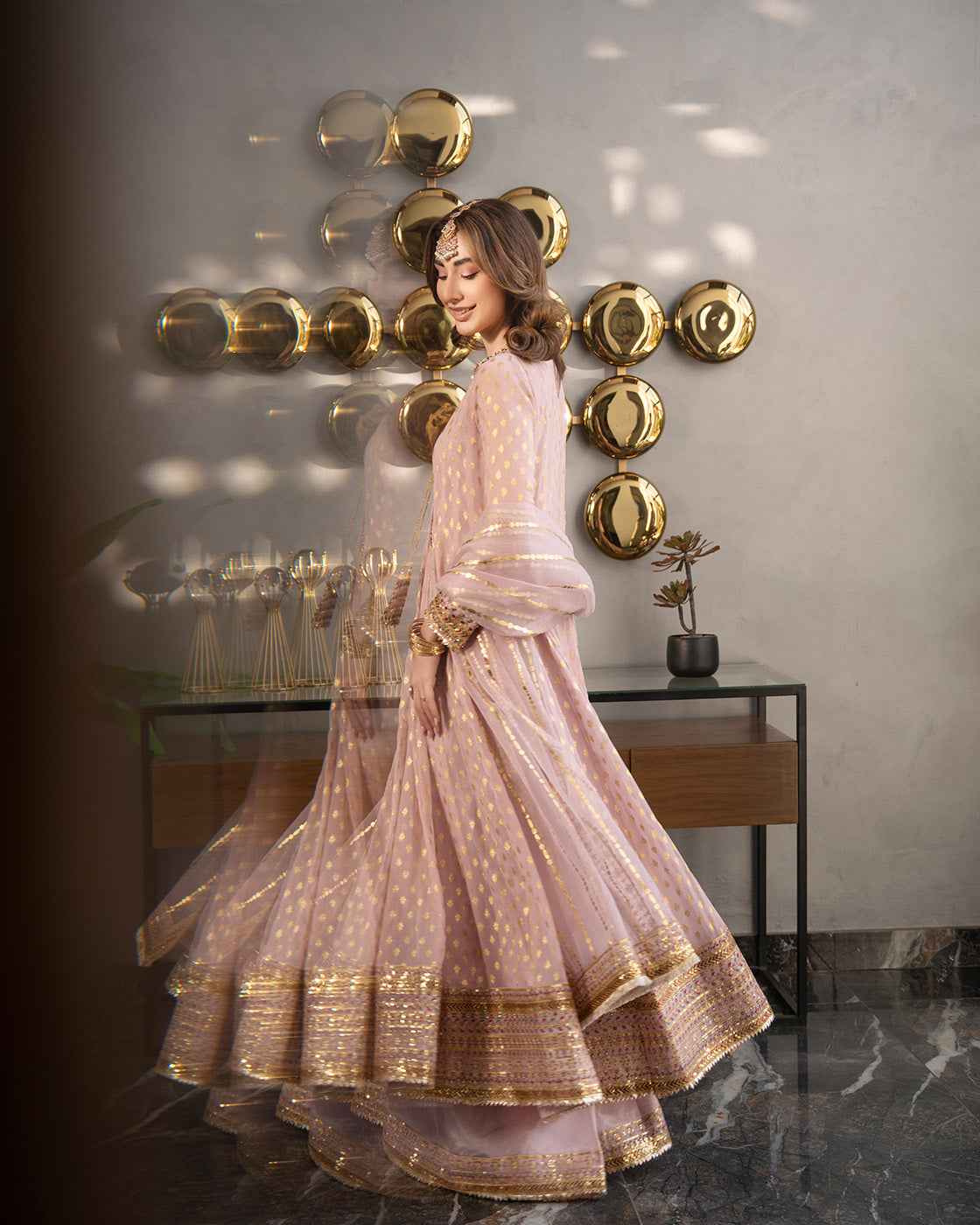 Luxury Soft Pink Embroidered Pakistani 3 Piece Suit with Gold Festive Detailing
